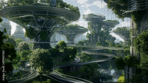 A world of future city architecture that forms a natural green space