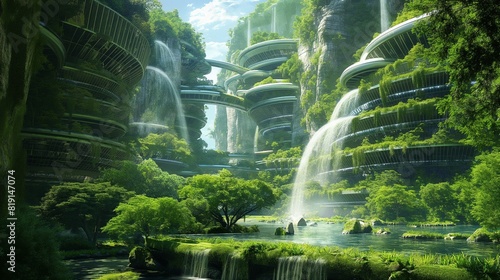 A world of future city architecture that forms a natural green space