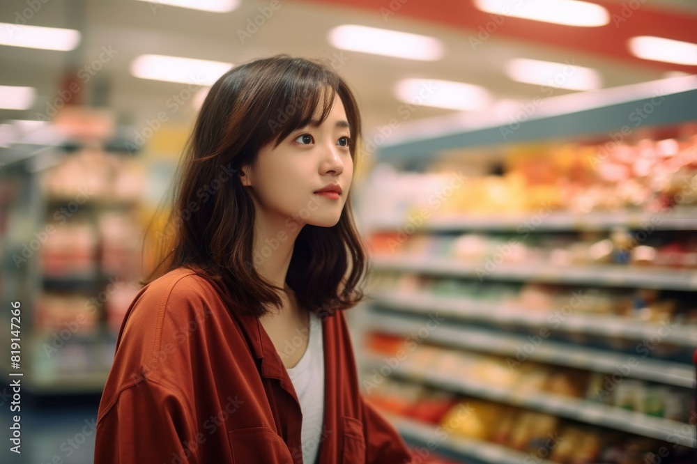 Young pretty Asian woman waiting in line for checkout while shopping for groceries in supermarket