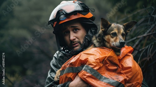  Male rescuer in raincoat and with helmet holding dog in arms. men rescuing dog from natural disaster photo