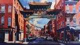 An idealized detailed painting of the iconic wise man gate archway at Union Street in Philadelphia's Chinatown. The cityscape shows red brick buildings and shops on both sides of the street