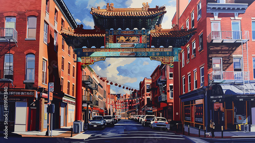 An idealized detailed painting of the iconic wise man gate archway at Union Street in Philadelphia's Chinatown. The cityscape shows red brick buildings and shops on both sides of the street photo