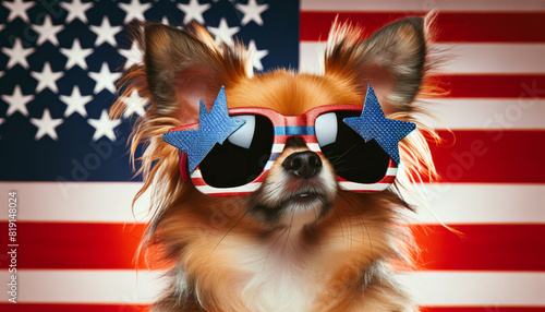 Dog wearing American flag themed sunglasses, sitting front American flag backdrop, patriotism, fun