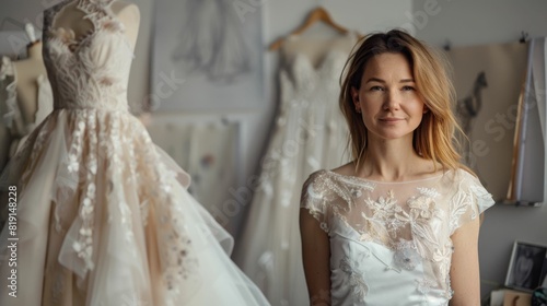 The picture of the wedding dress designer in the studio that has been filled with many wedding dress on the model, the designer require skills like fabric knowledge, creativity, fashion trends. AIG43.