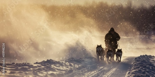 Man musher behind sleigh at sled dog race on snow in winter photo