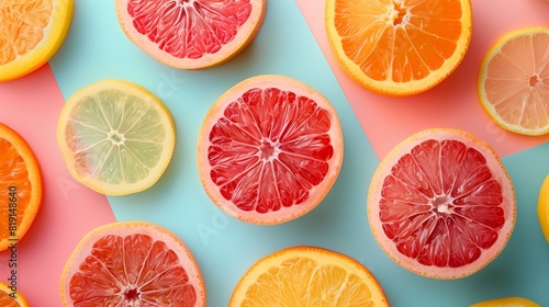 Colorful geometric patterns created from carefully arranged fruit slices, emphasizing minimalism and vitamins, set against a trendy pastel background with copy space for nutrition facts 8K , high-reso photo