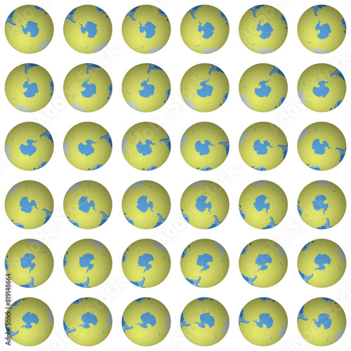 Collection of planet globes. South pole sphere view. Rotation step 10 degrees. Colored countries style. World map with sparse graticule lines on bright background. Dazzling vector illustration.