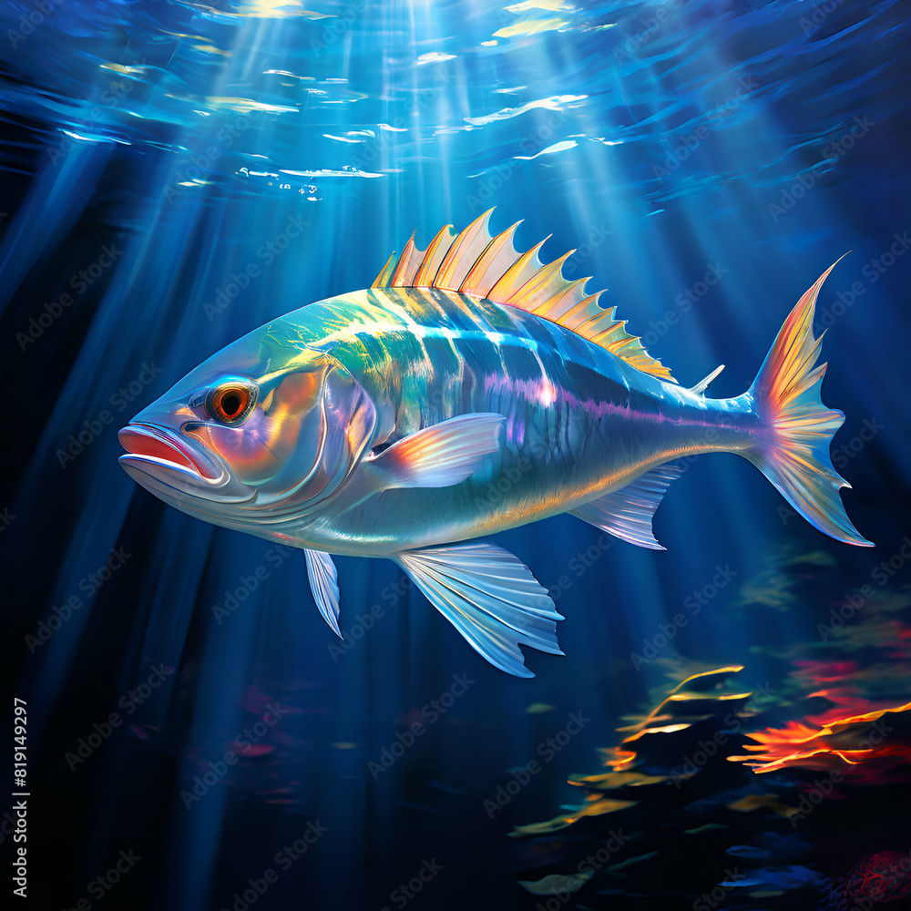 bonito fish gliding gracefully near the waters surface clear blue tropical waters iridescent scal,generate ai bonito fish gliding gracefully near the waters surface clear blue tropical waters iridescent scal,generate ai