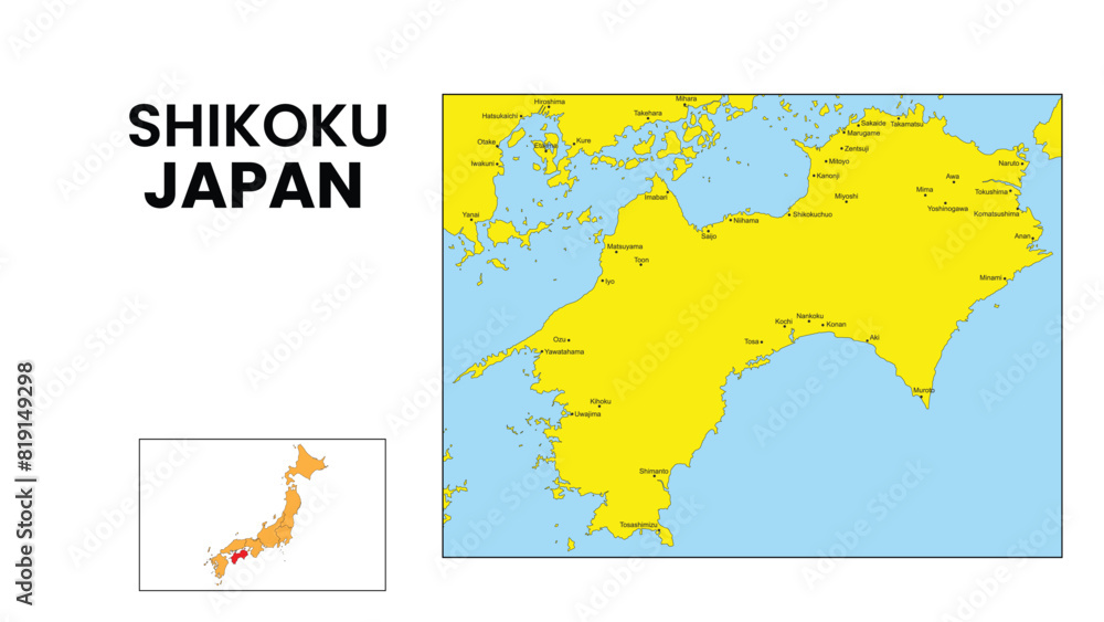 Shikoku Map. Major city map of Shikoku. Political map of Shikoku with country capital.