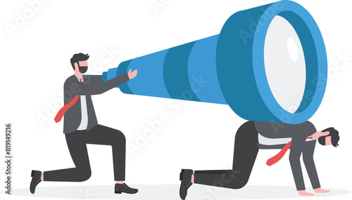 Great vision. Businessman holding large binoculars

