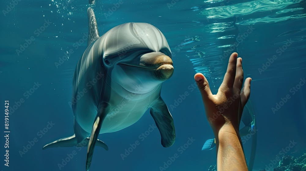 Fototapeta premium Unrecognizable person touching a playful dolphin under water.