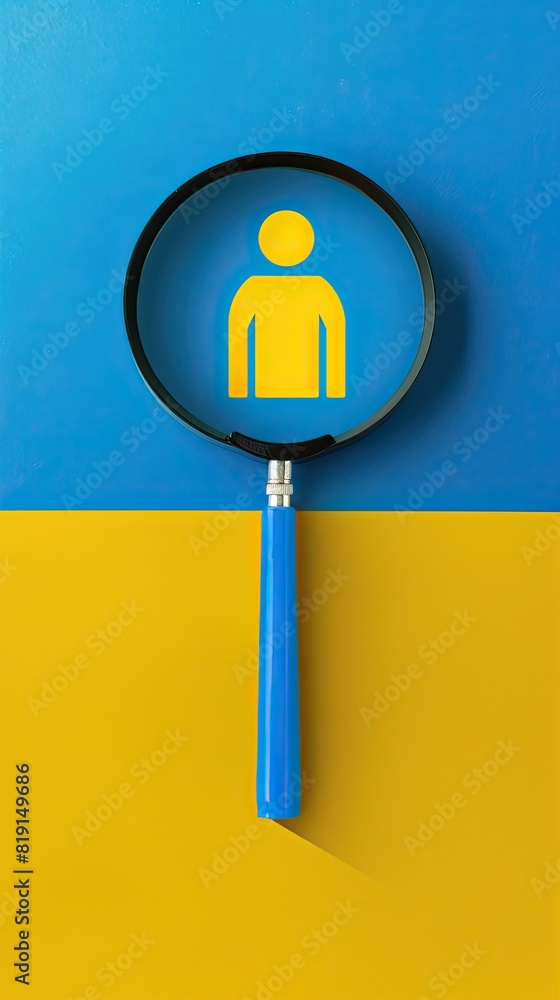 Illustration, icon of a person seen through a magnifying glass, concept of searching for an ideal candidate. Illustration, icon of a person seen through a magnifying glass, concept of searching for an ideal candidate.