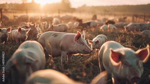 Many domestic pigs in a farm, natural sunlight photo