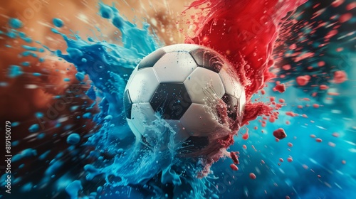 soccer ball in an explosion of blue, white and red color in creative effect, soccerball flying in the air, original graphic wallpaper for an action sport photo