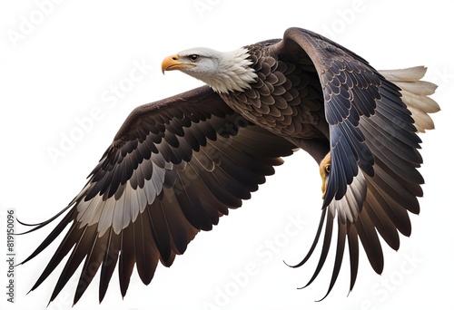 A bald eagle with its wings spread  soaring through the air . The eagle has a distinctive white head and tail  with a large hooked beak and sharp talons. The background is plain .