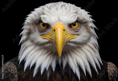 A close-up portrait of a bald eagle with intense yellow eyes and a sharp hooked beak against a dark background
