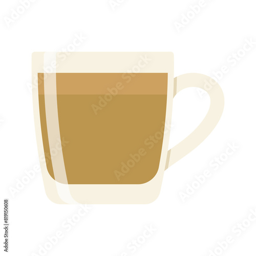 Hot and cold coffee beverage. Different types of drinks set. Espresso, americano cup, cappuccino and latte in paper mug, iced macchiato in glass. Flat