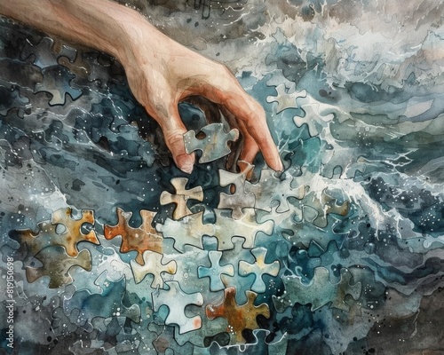 Hope amidst chaos: symbolic puzzle piece in stormy seas