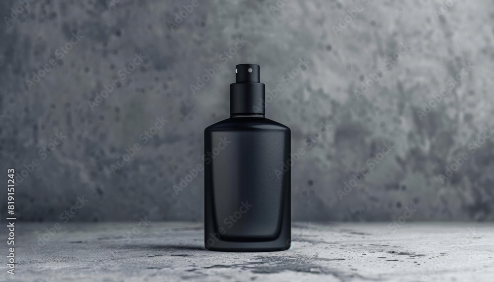 Chic matte black perfume bottle with soft gray backdrop Chic matte black perfume bottle with soft gray backdrop