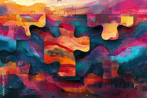 Colorful jigsaw puzzle pieces shattering apart