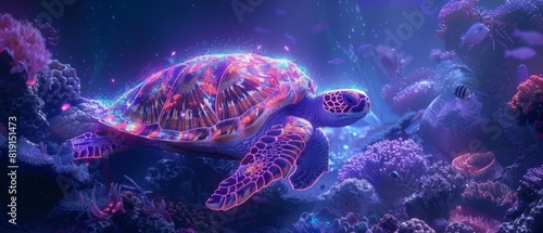 Cybernetic sea creature in vibrant underwater universe