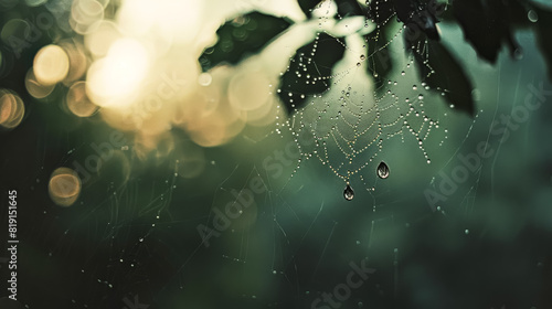A spider web is covered in water droplets, creating a serene and peaceful atmosphere. The water droplets on the web are like tiny diamonds, reflecting the sunlight and creating a beautiful