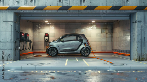 An electric car charging in an underground parking spot of a residential area, in a realistic, photographic style, ultra details photo