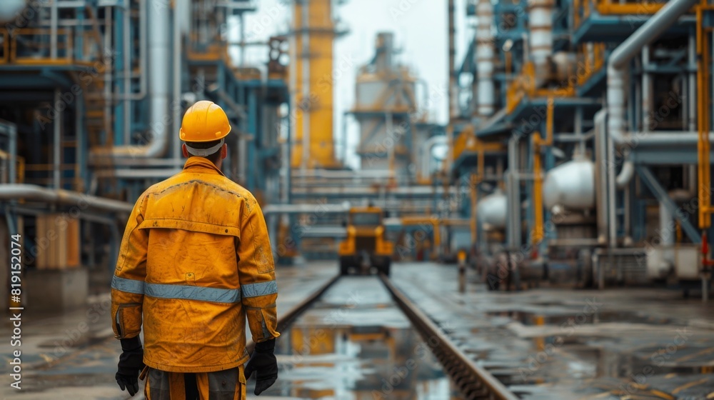 Industrial workers in hard hats working at a factory or warehouse Industrial workers in hard hats working at a factory or warehouse