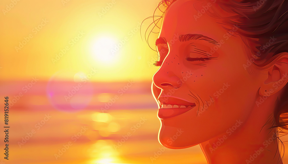 Happy Woman Enjoying a Sunset on the Beach - Experience serenity with this image of a happy woman enjoying a sunset on the beach, perfect for illustrating peace and relaxation Happy Woman Enjoying a Sunset on the Beach - Experience serenity with this image of a happy woman enjoying a sunset on the beach, perfect for illustrating peace and relaxation