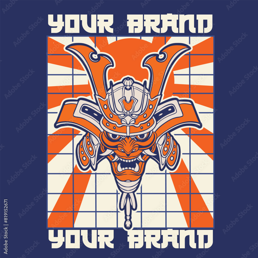 Samurai warrior mask. Traditional armor of japanese warrior. Vector illustration, shirt graphic. All elements; mask, helmet, colors are on the separate layers and editable. Samurai warrior mask. Traditional armor of japanese warrior. Vector illustration, shirt graphic. All elements; mask, helmet, colors are on the separate layers and editable.