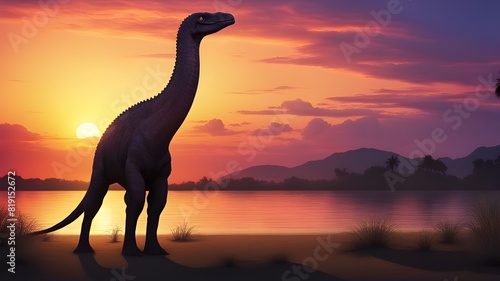 Brachiosaurus against a sunset, its silhouette starkly outlined against the vibrant colors of the setting sun © Skylinepixelx