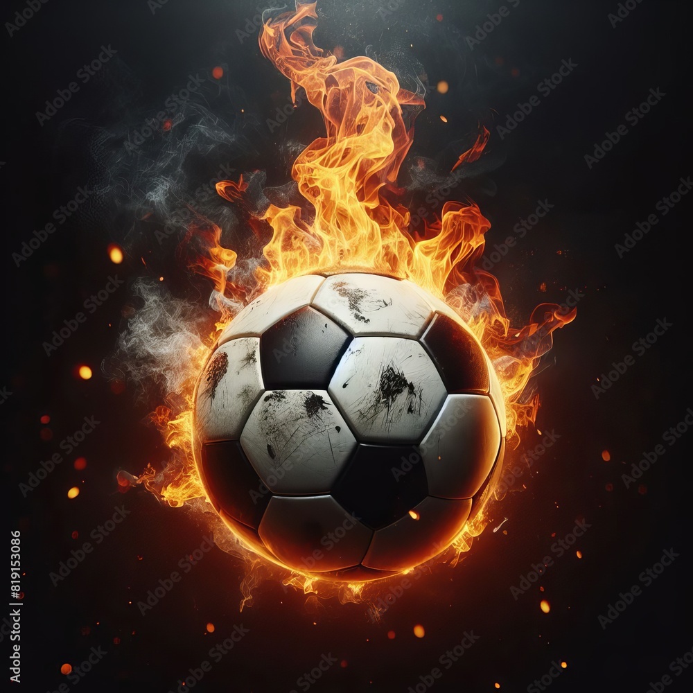 A realistic depiction of a soccer ball engulfed in flames, conveying intense action and energy, set against a dark, smoky backdrop.. AI Generation