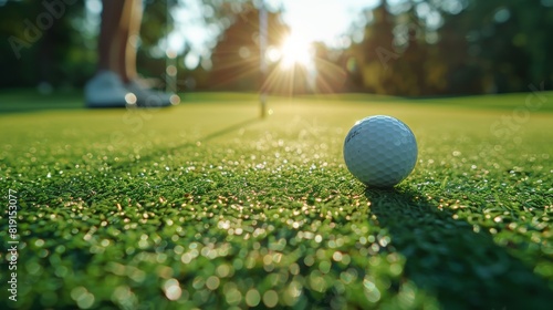 Golf ball on green grass near golf hole. young man hitting a driver shot golf