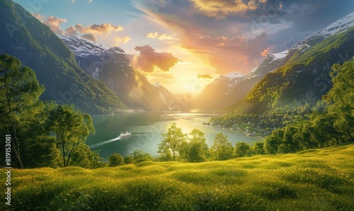 Scenic sunset over Geirangerfjord  Norway. Lush greenery  lakeside village  cruise ship passing by. Vibrant sky in shades of orange  yellow  blue  and green.