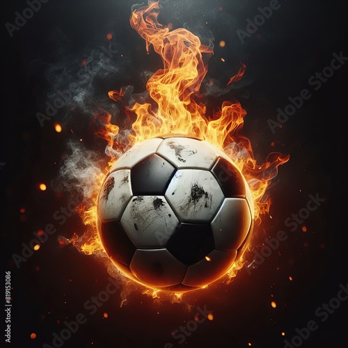 A realistic depiction of a soccer ball engulfed in flames  conveying intense action and energy  set against a dark  smoky backdrop.. AI Generation