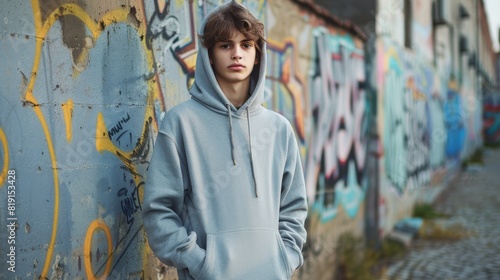 Teenage boy wearing gray hoodie standing against urban graffiti wall