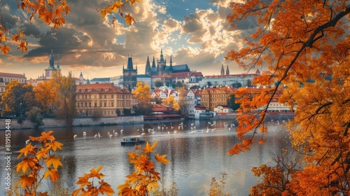 View on the autumn Prague gothic Castle above River Vltava, Czech Republic
