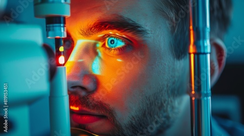 The patient's eyes are being examined with a laser ophthalmoscope or iris dilator by an ophthalmologist. Concept of treating nearsightedness and farsightedness with Laser In Situ Keratomileusis 