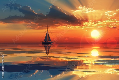 A serene sailboat floating on the calm ocean at sunset. Perfect for travel and adventure concepts