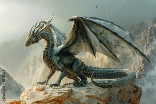 Ancient guardian dragon  realistic rendering on top of hill