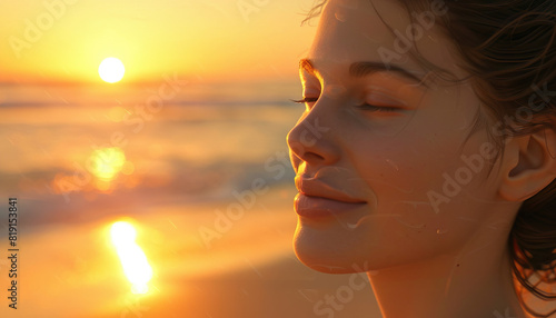 Happy Woman Enjoying a Sunset on the Beach - Experience serenity with this image of a happy woman enjoying a sunset on the beach, perfect for illustrating peace and relaxation