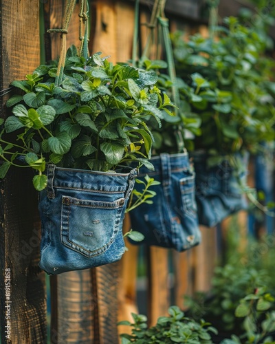 Jeans hanging as flower pots with green plants hanging on the wooden wall of garden.
