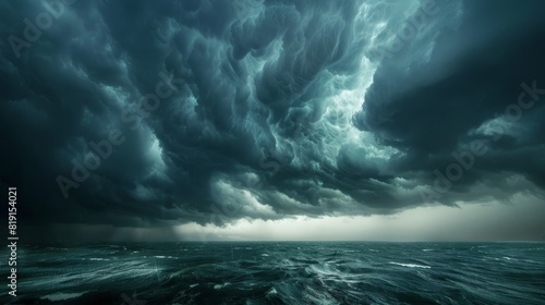 Dramatic seascape with a stormy sky, characterized by dark, tumultuous clouds, and a rough ocean with visible waves photo