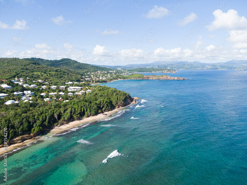 Fototapeta premium Drone view of tartane coast and ti plage, Martinique, West Indies, France