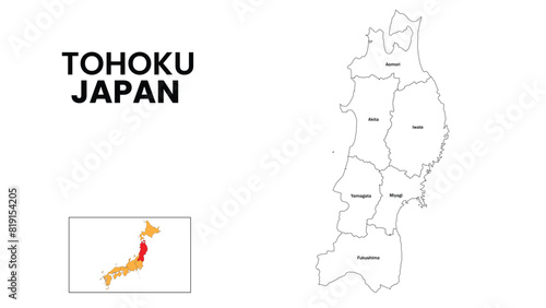 Tohoku Map. State and district map of Tohoku. Administrative map of Tohoku with district and capital in white color.