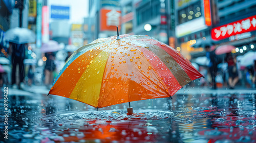 Wallpaper Mural A rainbow umbrella is opened in the rain, with water droplets on it. The umbrella is open to the sky, and the people under it are walking in the rain. The scene is lively and colorful Torontodigital.ca