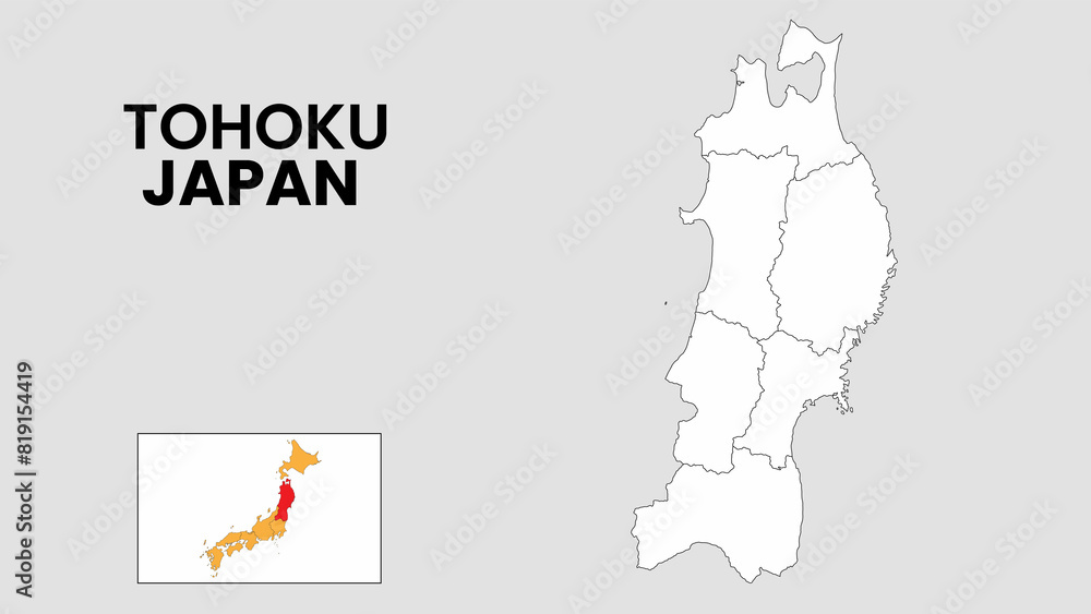 Tohoku Map. Outline state map of Tohoku. Political map of Tohoku with a black and white design.