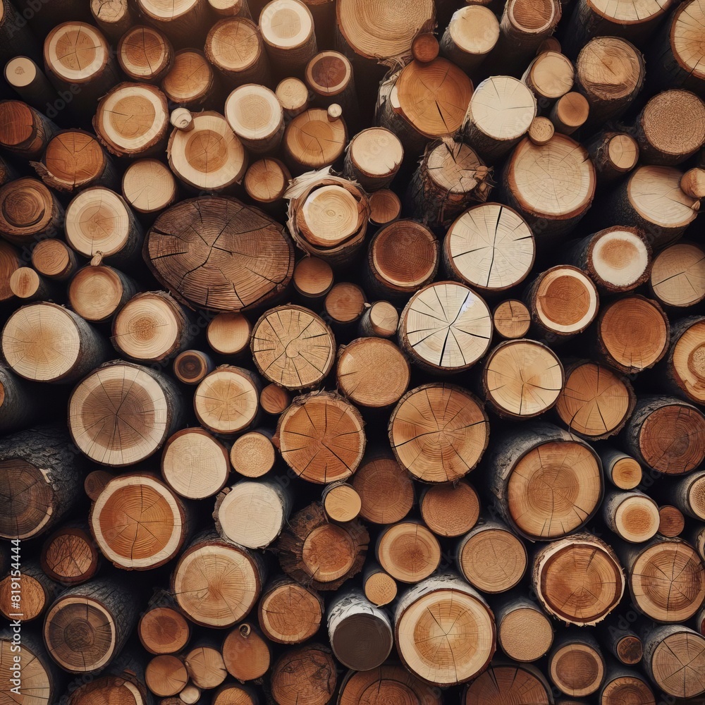 Overhead view of numerous freshly cut tree logs stacked in a pattern, showcasing the natural wood grain and cut marks of each log.. AI Generation Overhead view of numerous freshly cut tree logs stacked in a pattern, showcasing the natural wood grain and cut marks of each log.. AI Generation