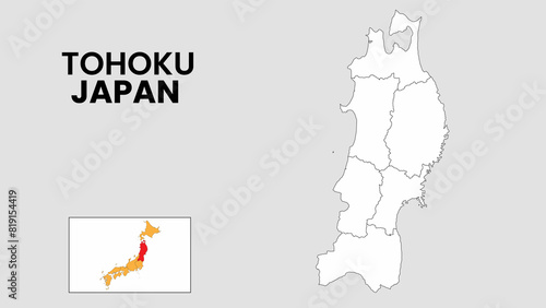 Tohoku Map. Outline state map of Tohoku. Political map of Tohoku with a black and white design.