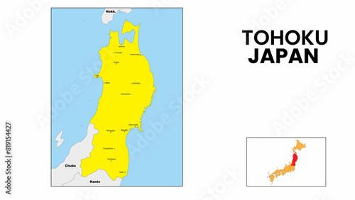 Tohoku Map. Major city map of Tohoku. Political map of Tohoku with country capital. photo